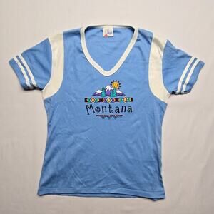 Vintage Montana Graphic Tee Le Riche Blue White Womens Large Nature Shirt VTG